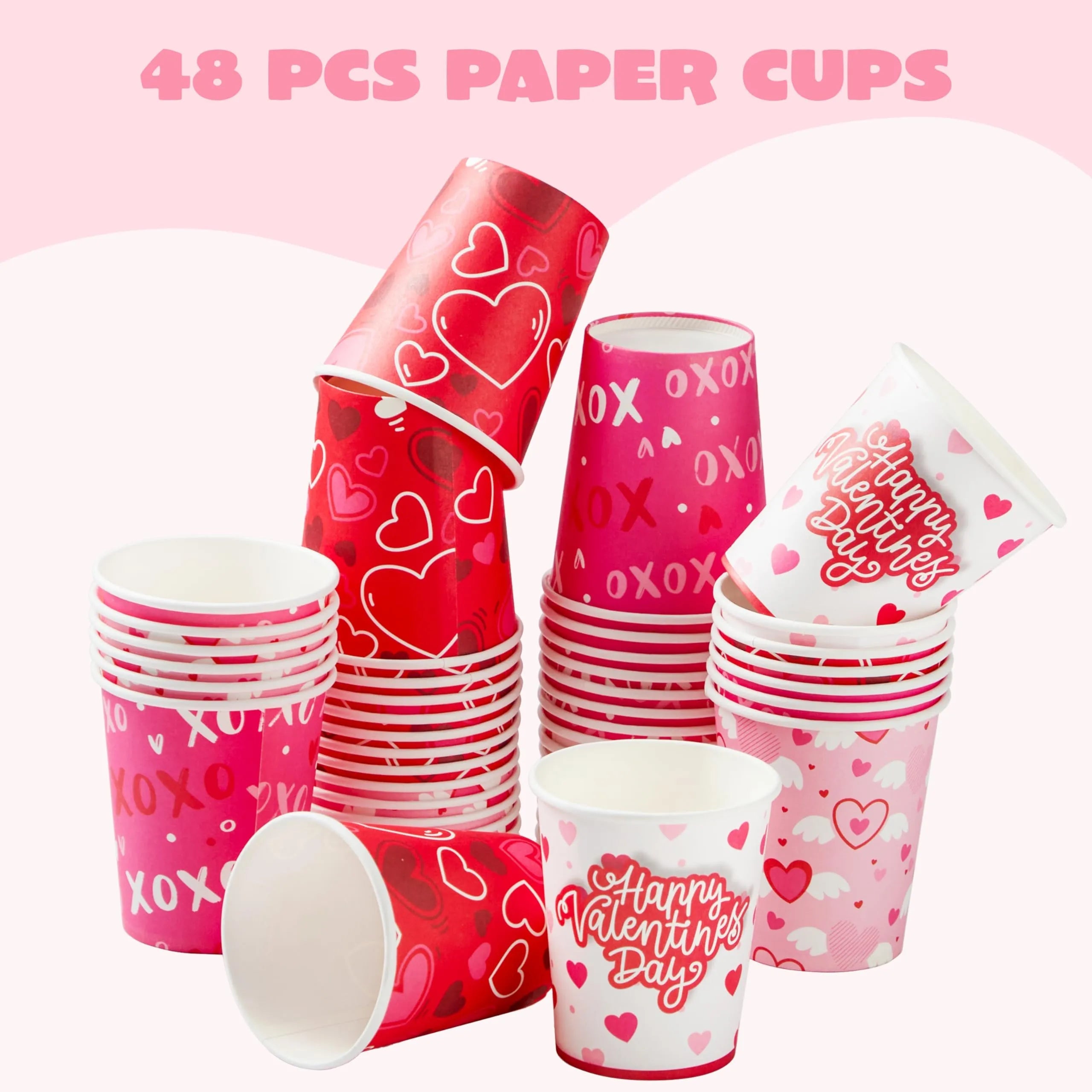 48 Valentine's Day Disposable Cups - 9 oz Paper Cocoa Cups for Party Supplies