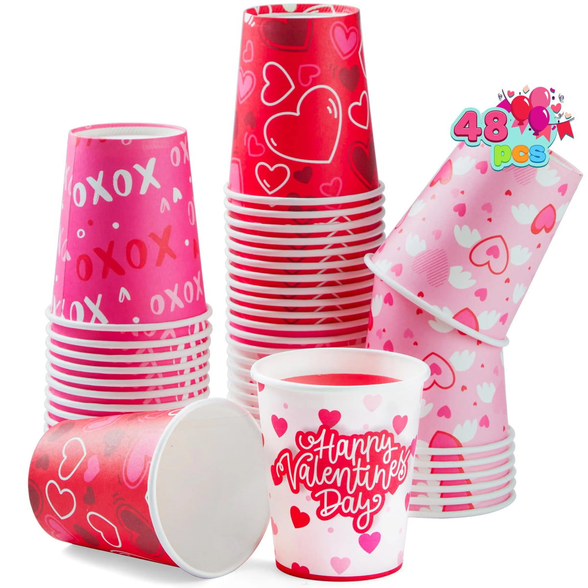 48 Valentine's Day Disposable Cups - 9 oz Paper Cocoa Cups for Party Supplies