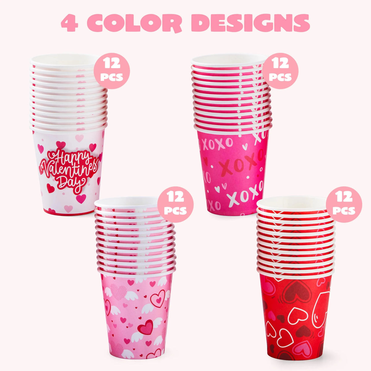 48 Valentine's Day Disposable Cups - 9 oz Paper Cocoa Cups for Party Supplies
