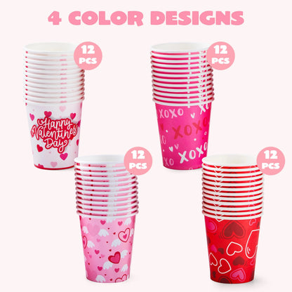 48 Valentine's Day Disposable Cups - 9 oz Paper Cocoa Cups for Party Supplies