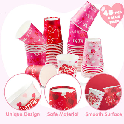 48 Valentine's Day Disposable Cups - 9 oz Paper Cocoa Cups for Party Supplies