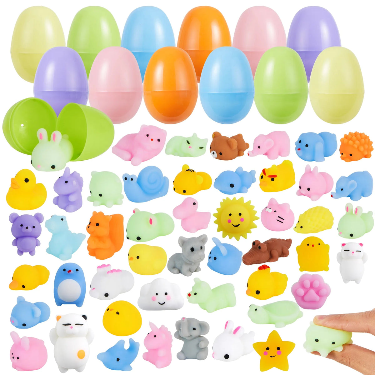 48 Pre-Filled Easter Eggs (2.3 in) with Mochi Squishy Toys for Easter Egg Hunt