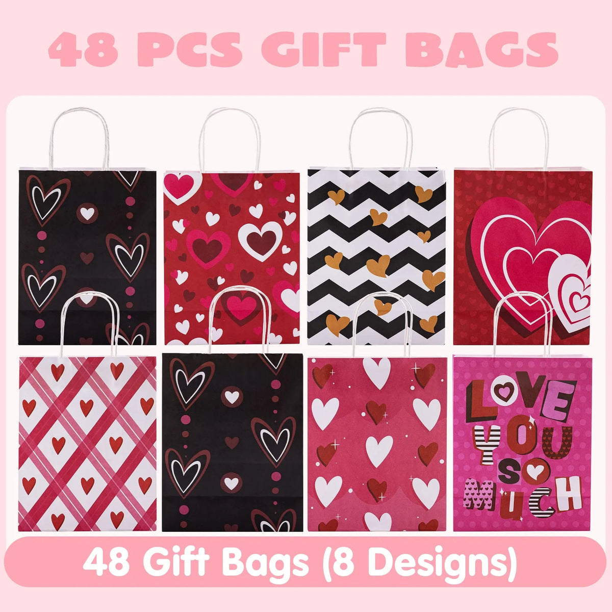 48 Valentine's Day Paper Gift Bags with Handles