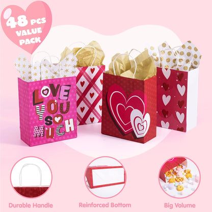 48 Valentine's Day Paper Gift Bags with Handles