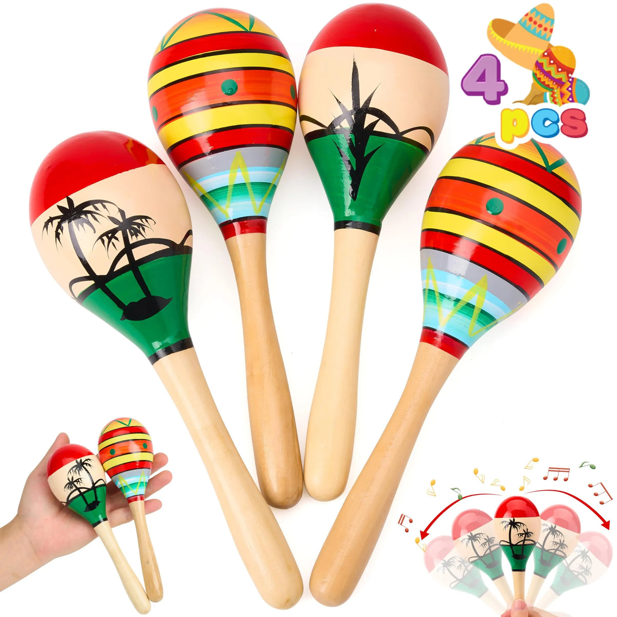 4-Pack Cinco de Mayo Wooden Maracas for Kids