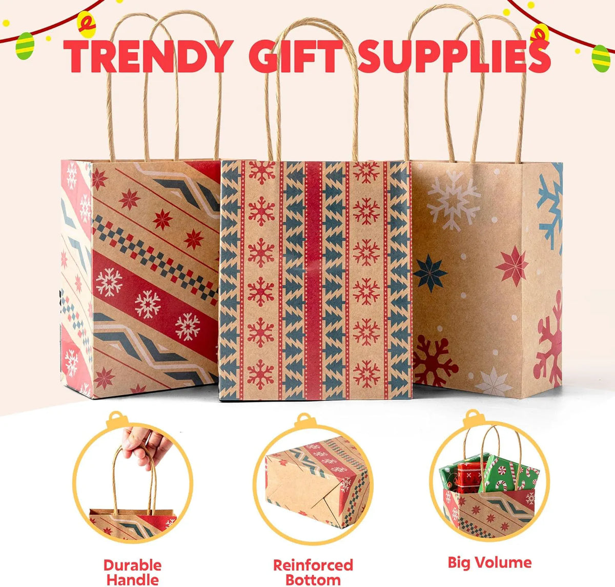 24 Pack Christmas Kraft Gift Bags with Handles