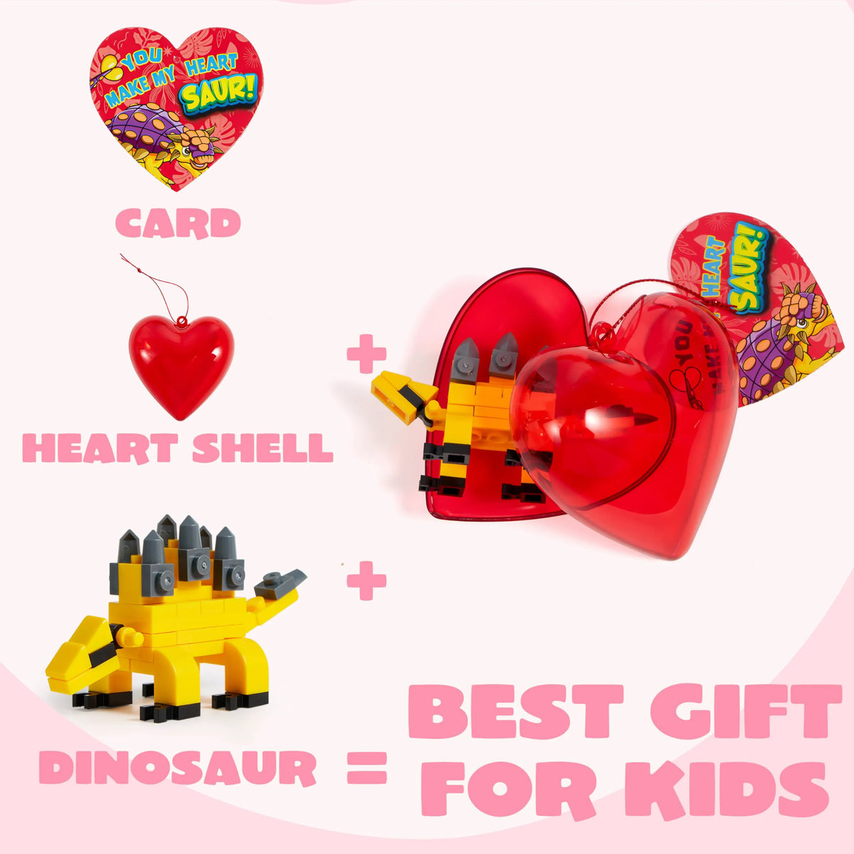 24 Pack Valentine's Day Cards with Dinosaur Building Blocks and Filled Hearts for Party Favors