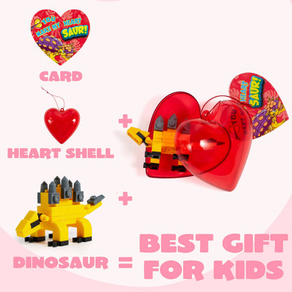 24 Pack Valentine's Day Cards with Dinosaur Building Blocks and Filled Hearts for Party Favors