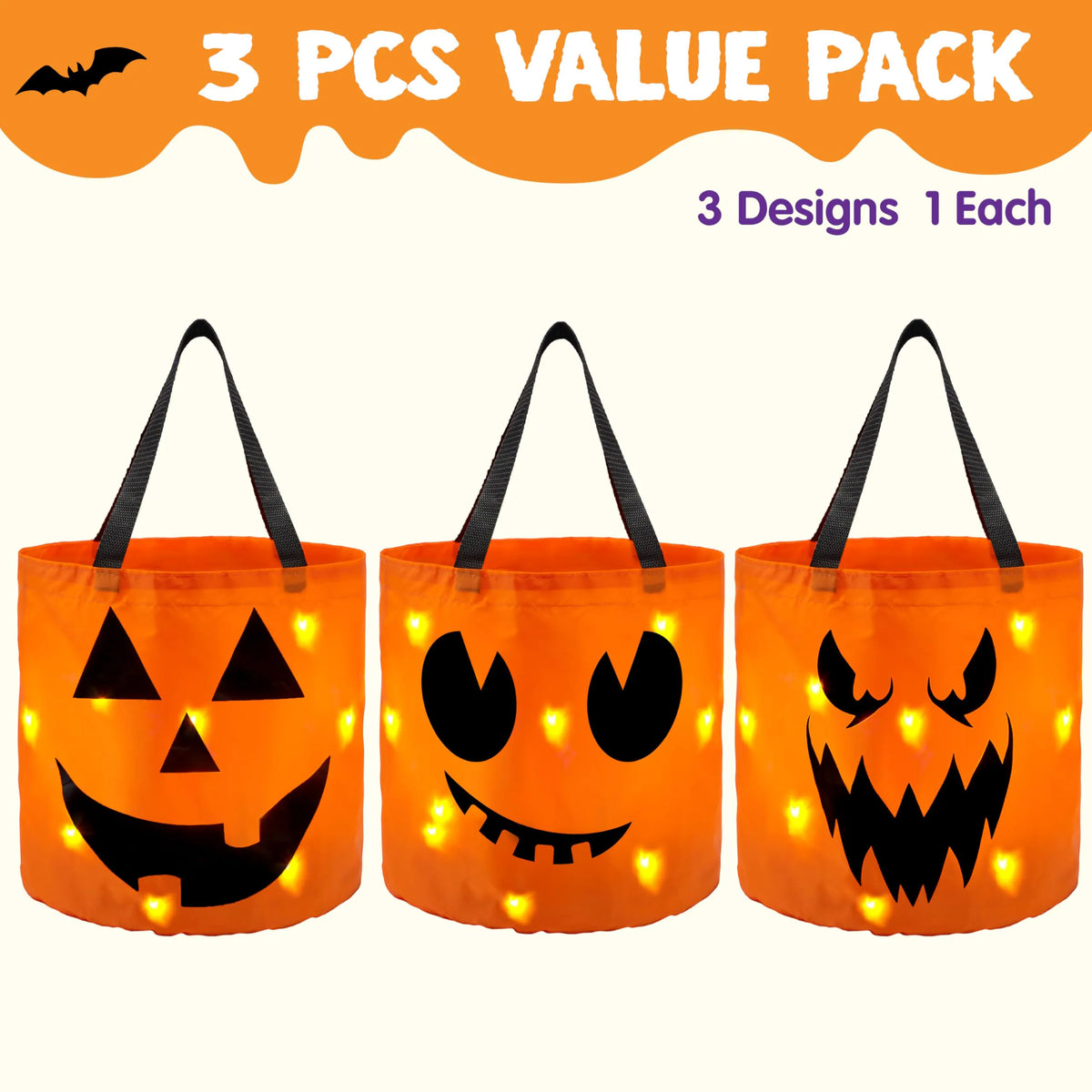 Set of 3 Halloween Candy Pumpkin Buckets