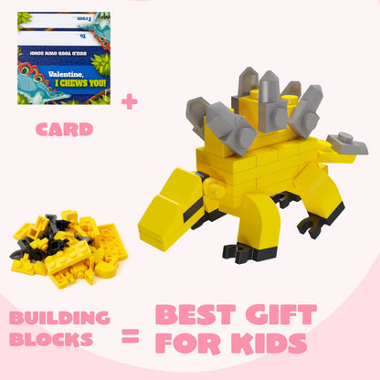 24 Pack Valentine's Day Cards with Dinosaur Building Blocks for Gifts and Party Favors