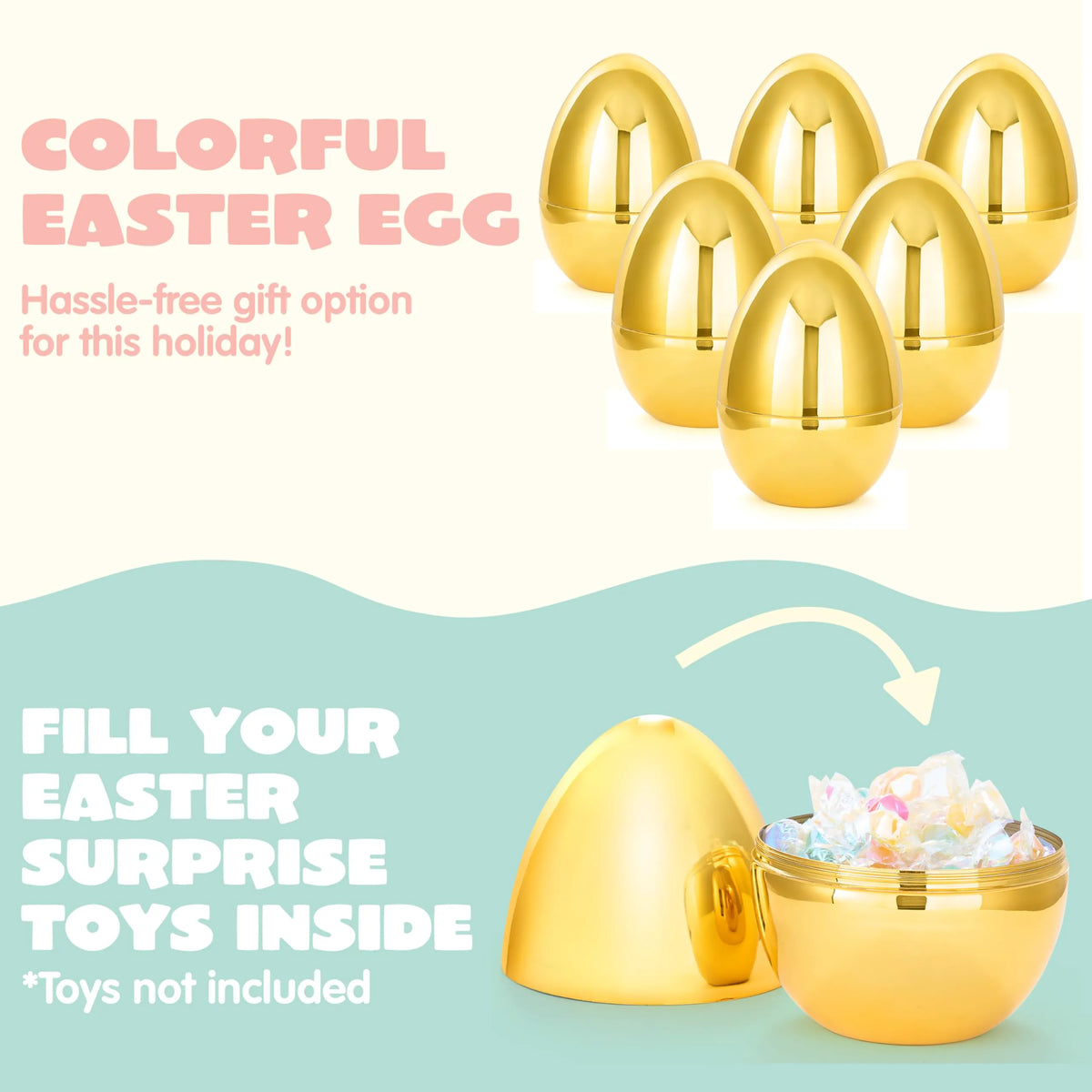 6 Large Gold Easter Eggs, 6-Inch Jumbo Plastic Fillable Eggs for Easter Hunt