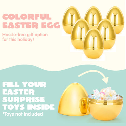 6 Large Gold Easter Eggs, 6-Inch Jumbo Plastic Fillable Eggs for Easter Hunt