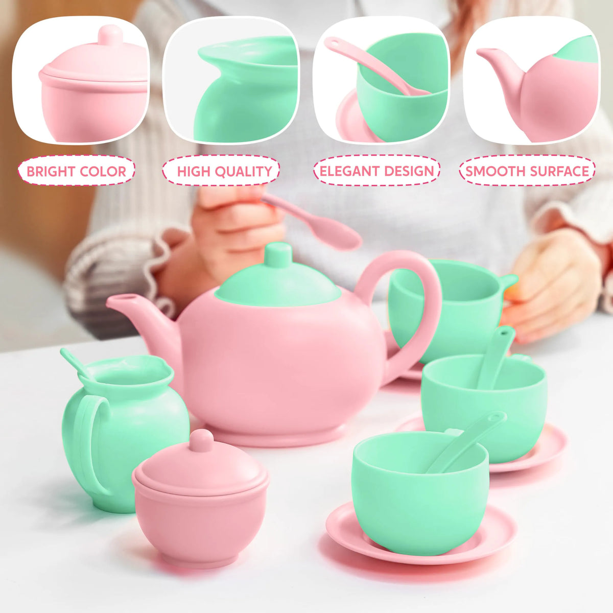18-Piece Pretend Tea Party Set with Baby Pink Teapot