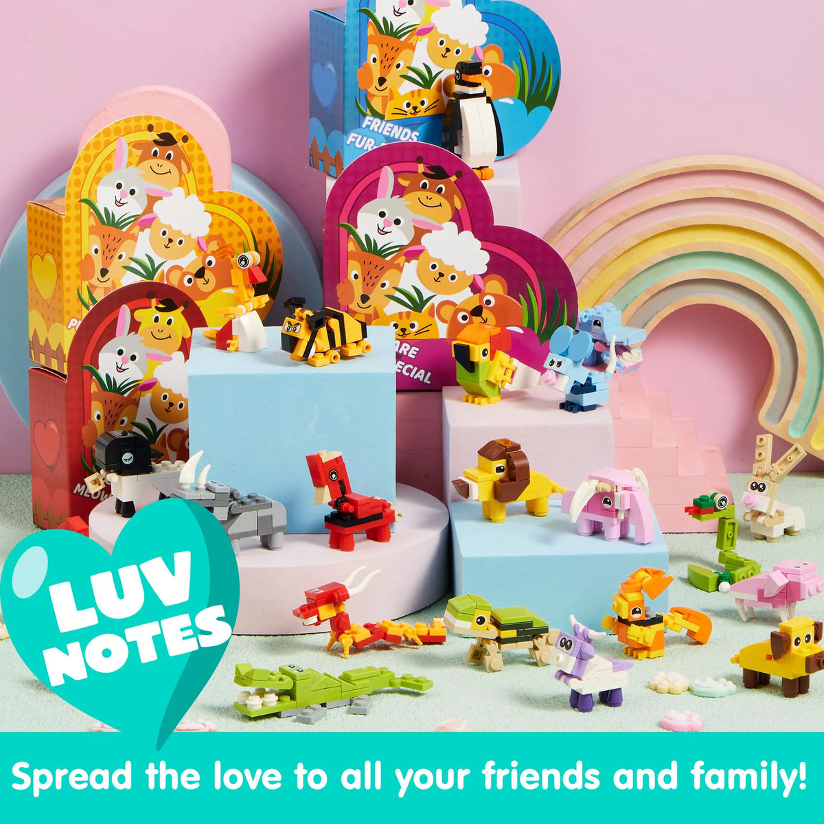 Animal Building Blocks Valentine's Heart Boxes Filled with Cards for Kids