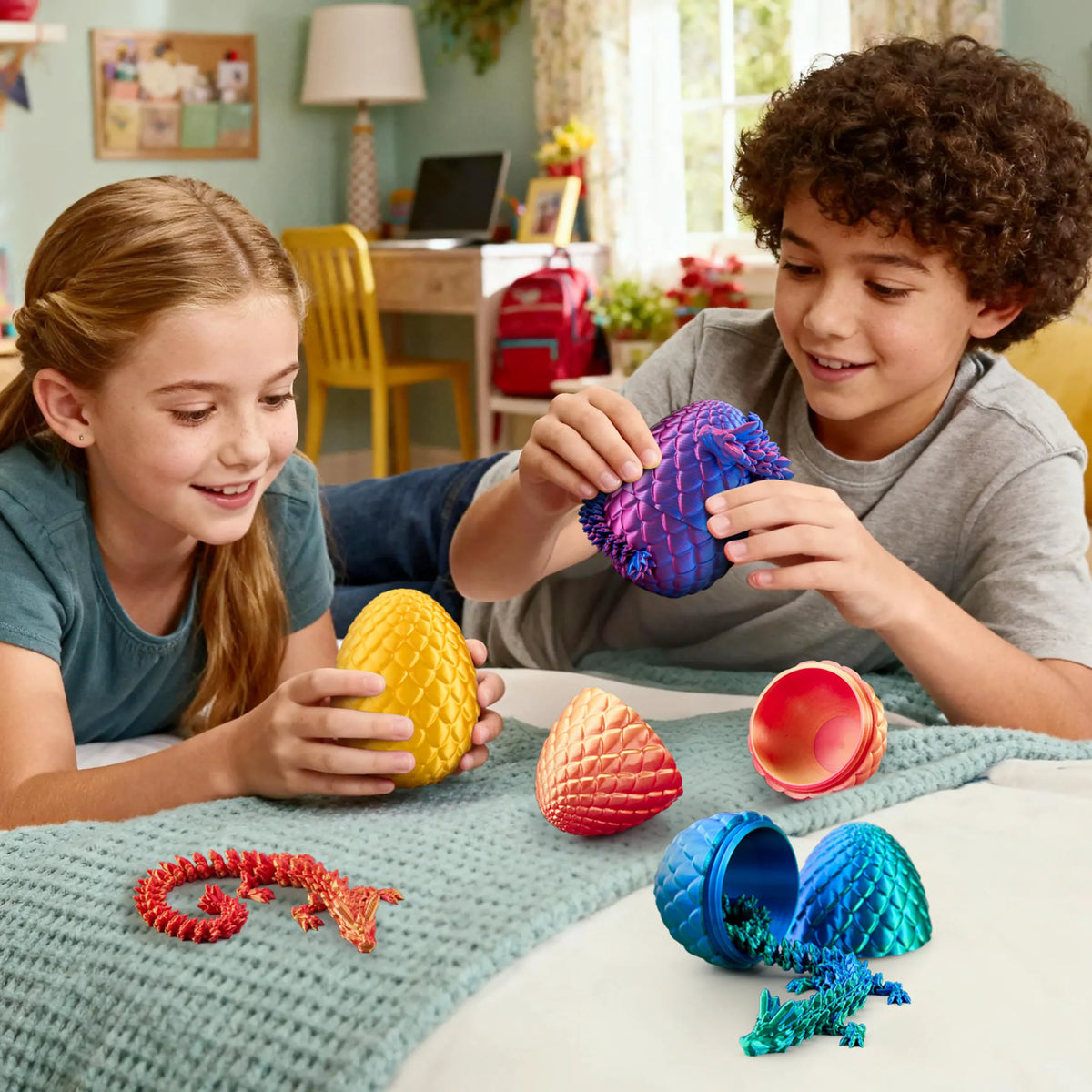 4 Pack 3D Printed Dragon Eggs with Laser Dragon - Articulated Fidget Toys for Kids