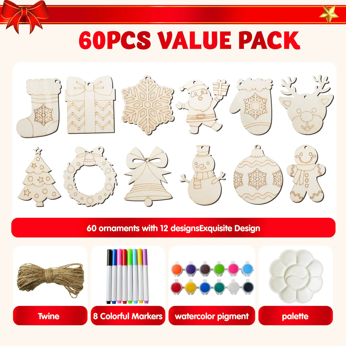 60-Piece Christmas Wooden Hanging Ornament Craft Kit