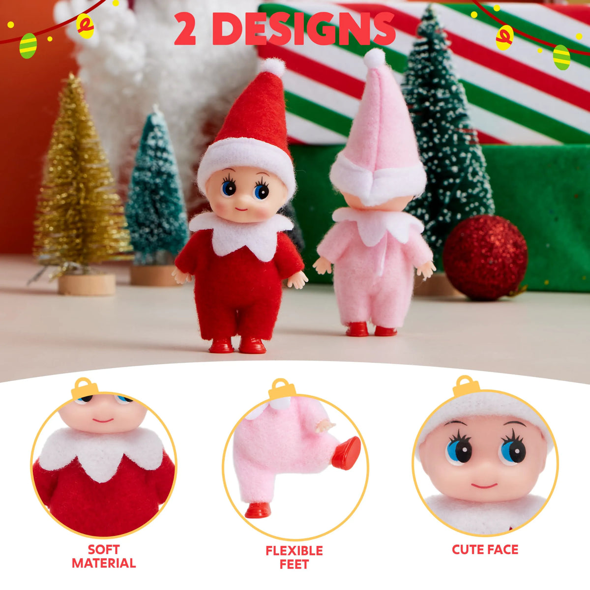 2 Pack Christmas Elf Plush Dolls, Red and Pink
