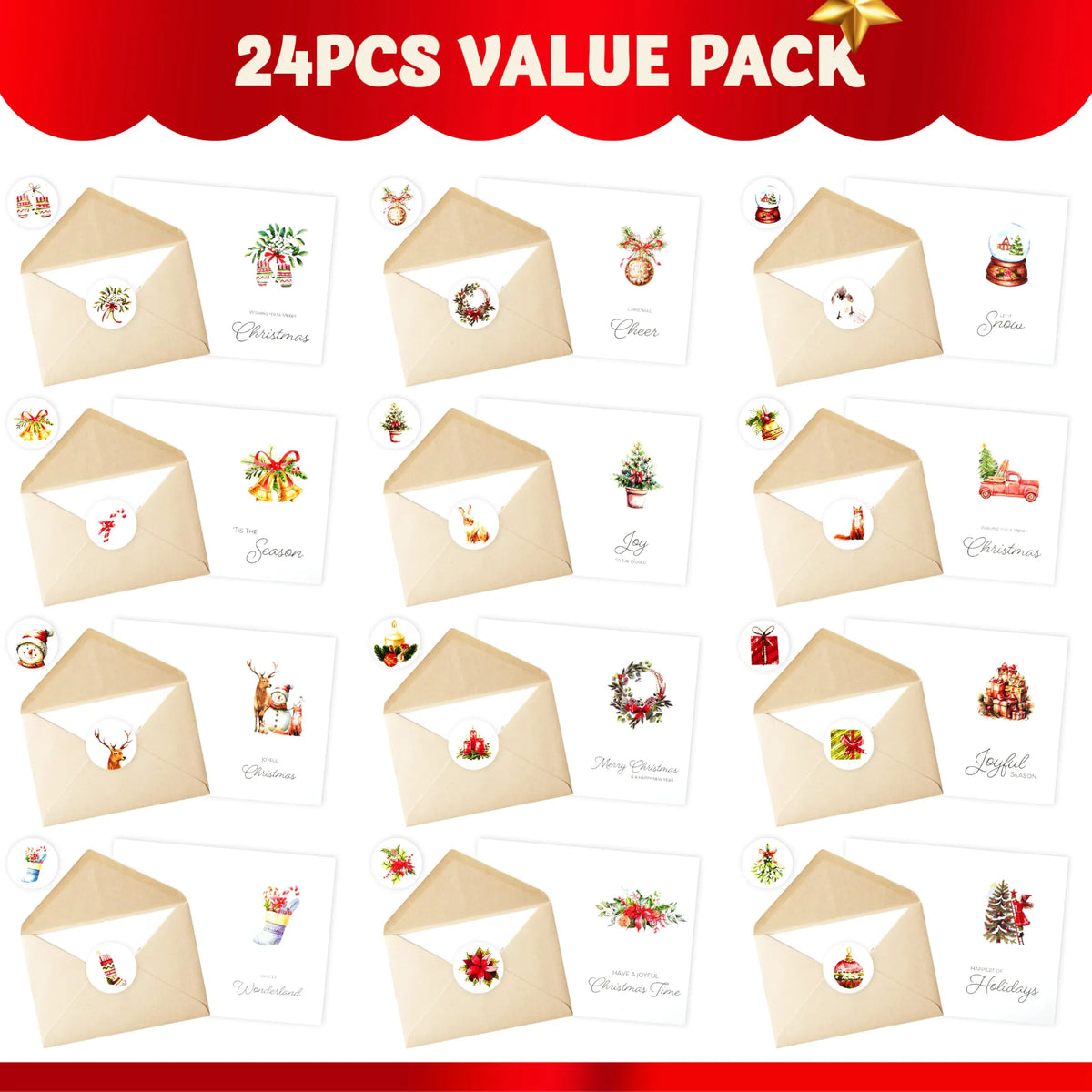 24 White Christmas Cards with Envelopes and Stickers