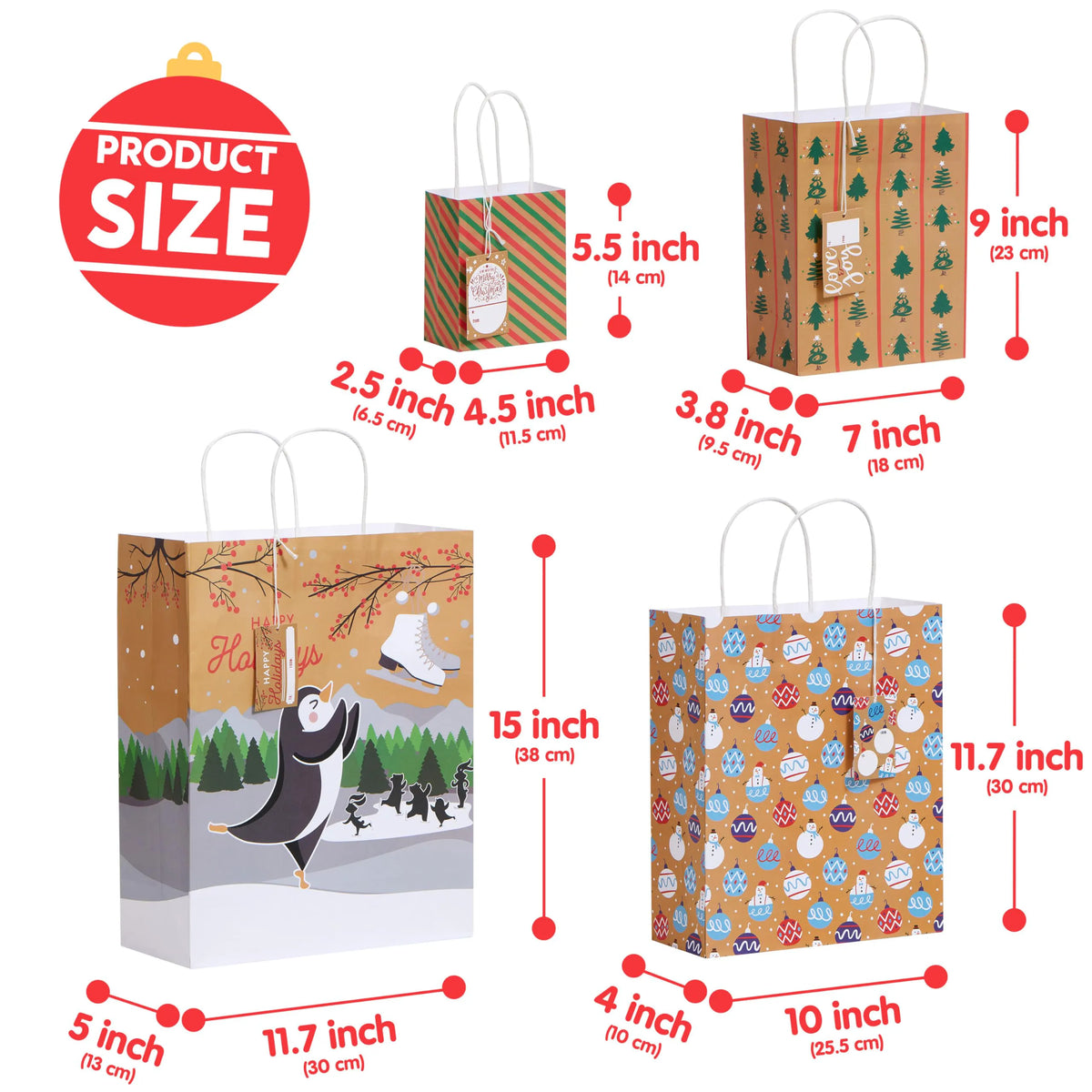 24 PCS Christmas Kraft Gift Bags, Assorted Sizes Xmas Paper Bags