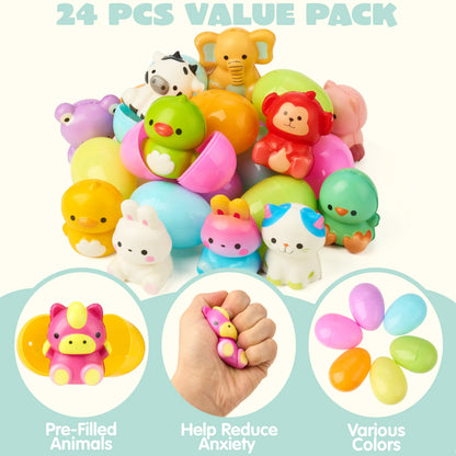 24 Pack Easter Prefilled Eggs with Animal Squishy Toys