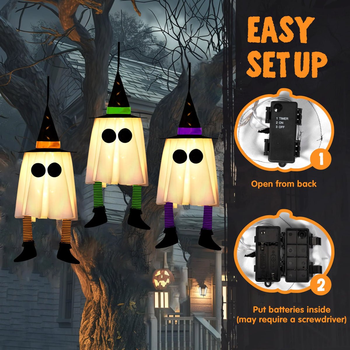 23.6" 3PCS Halloween Hanging Ghost Decorations for Outdoor