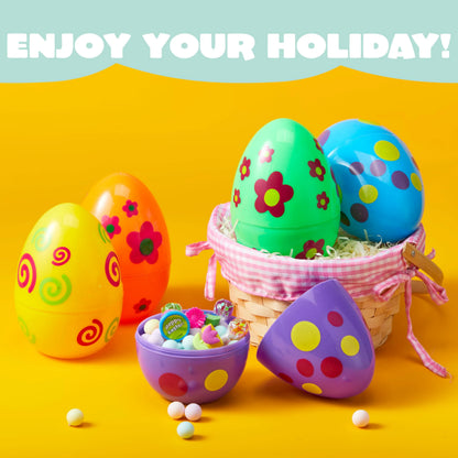 6 Large Printed Easter Eggs - 6 Inch Jumbo Plastic Fillable Eggs for Easter Hunt