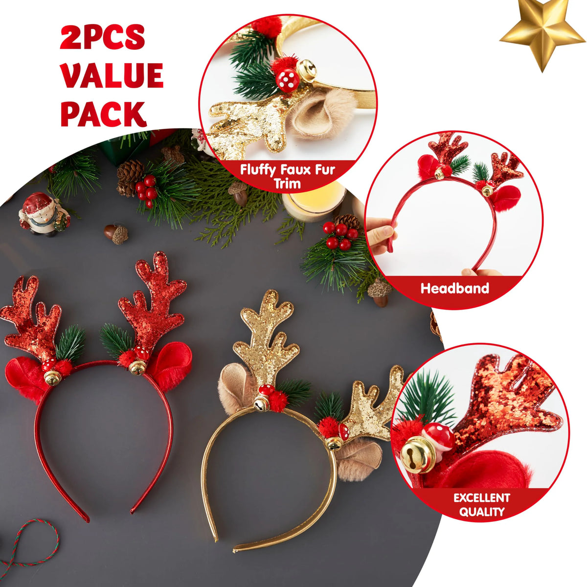2 Pack Gold & Red Reindeer Headbands with Glitter