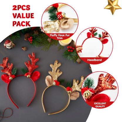 2 Pack Gold & Red Reindeer Headbands with Glitter