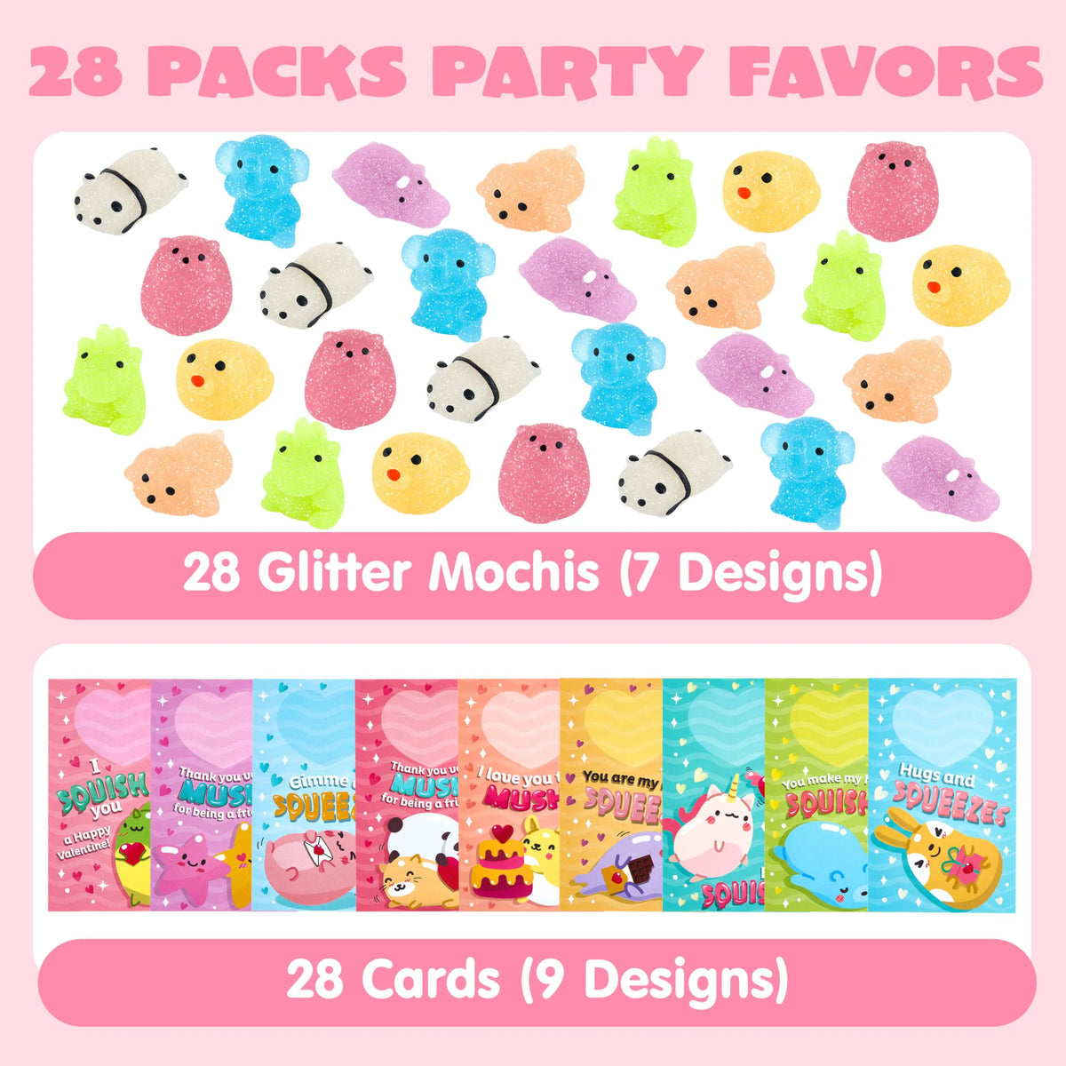 28 Glitter Mochi Squishy Toys with Valentine's Cards for Classroom Exchange