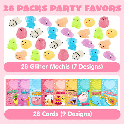 28 Glitter Mochi Squishy Toys with Valentine's Cards for Classroom Exchange