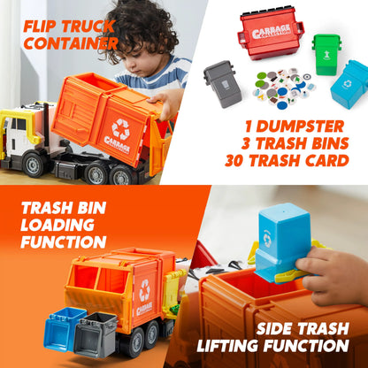 Large Orange Friction Powered Garbage Truck Toy Set