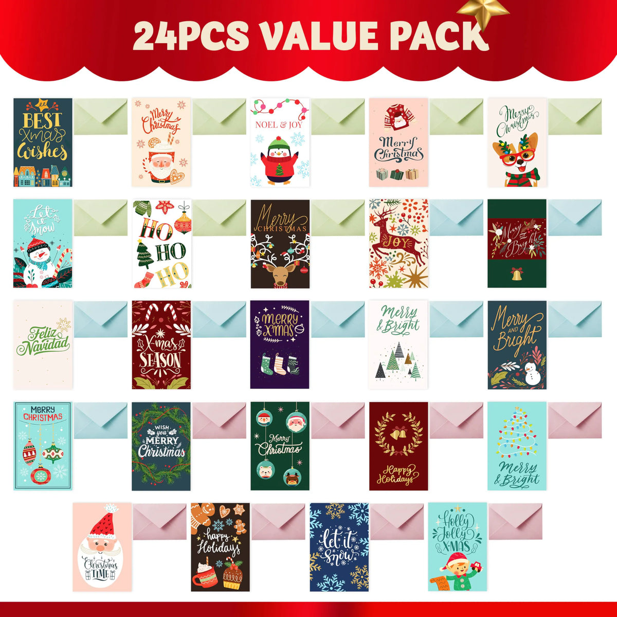 24 Christmas Cards with Envelopes and Stickers