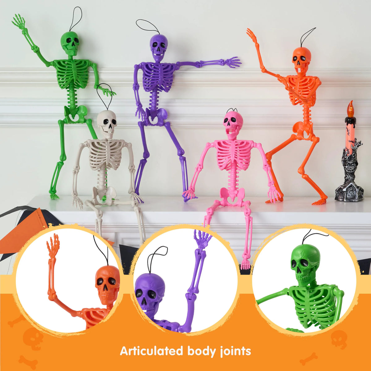 5 Pack Posable Halloween Skeleton Decorations, 16 Inches