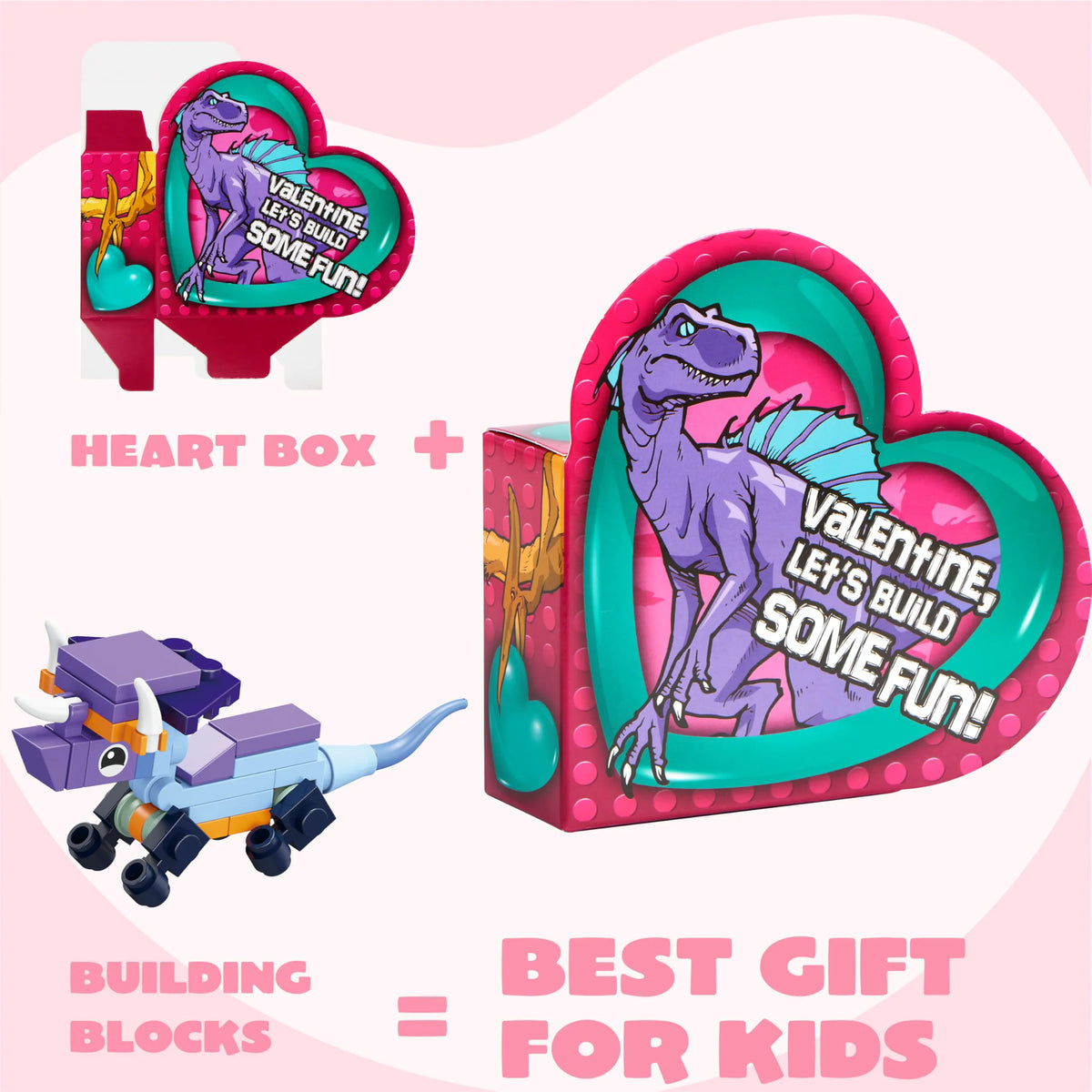 12-Pack Valentine's Dinosaur Building Blocks with Heart Boxes for Party Favors