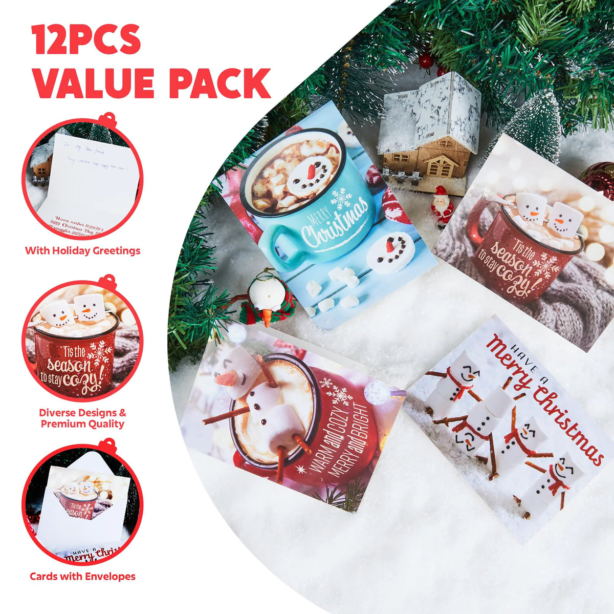 12 Christmas Greeting Cards with Envelopes