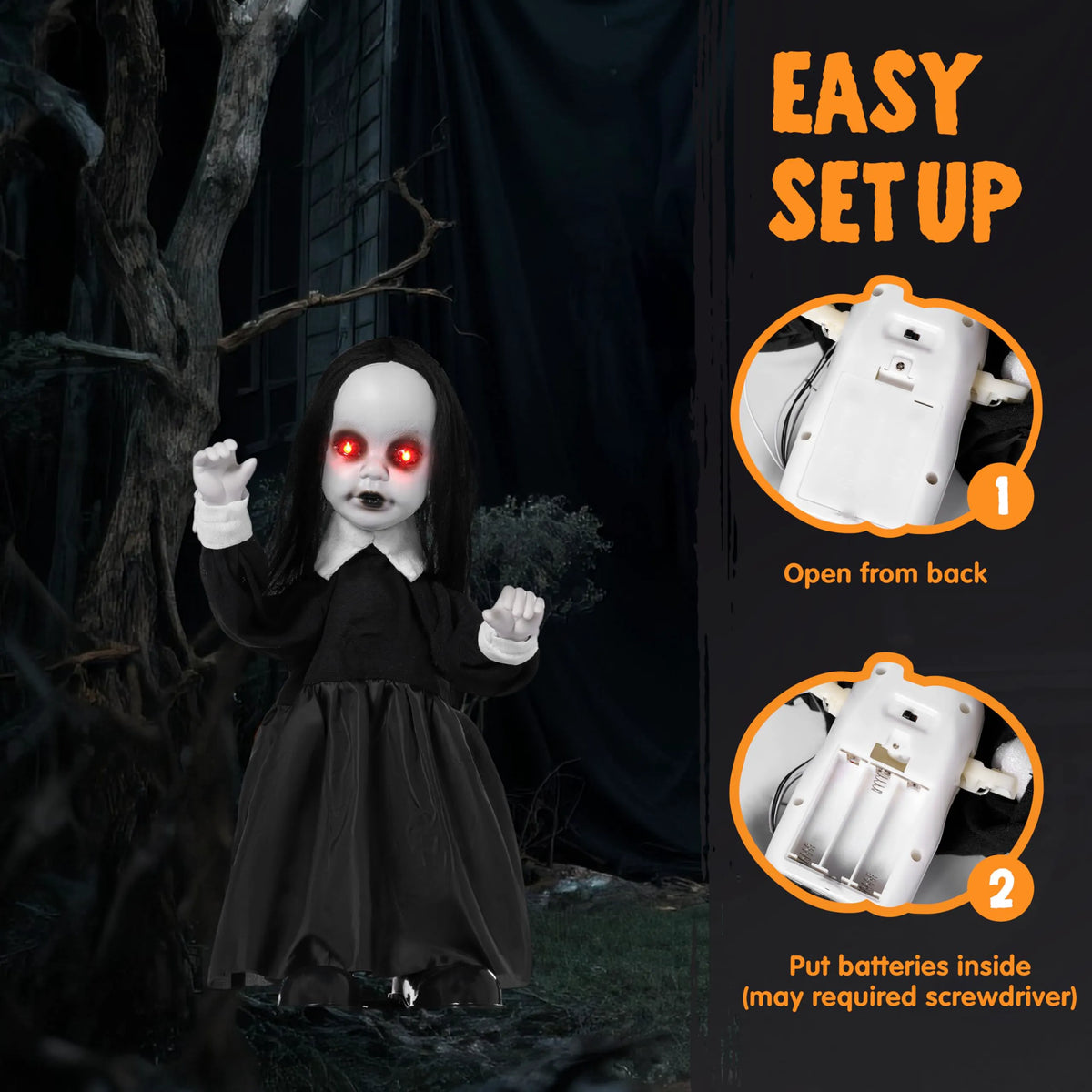 34" Black Zombie Girl Ghost Animatronic Halloween Decoration