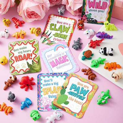 28-Piece Set of 3D Printed Mini Animals with Valentine Greeting Cards for Kids