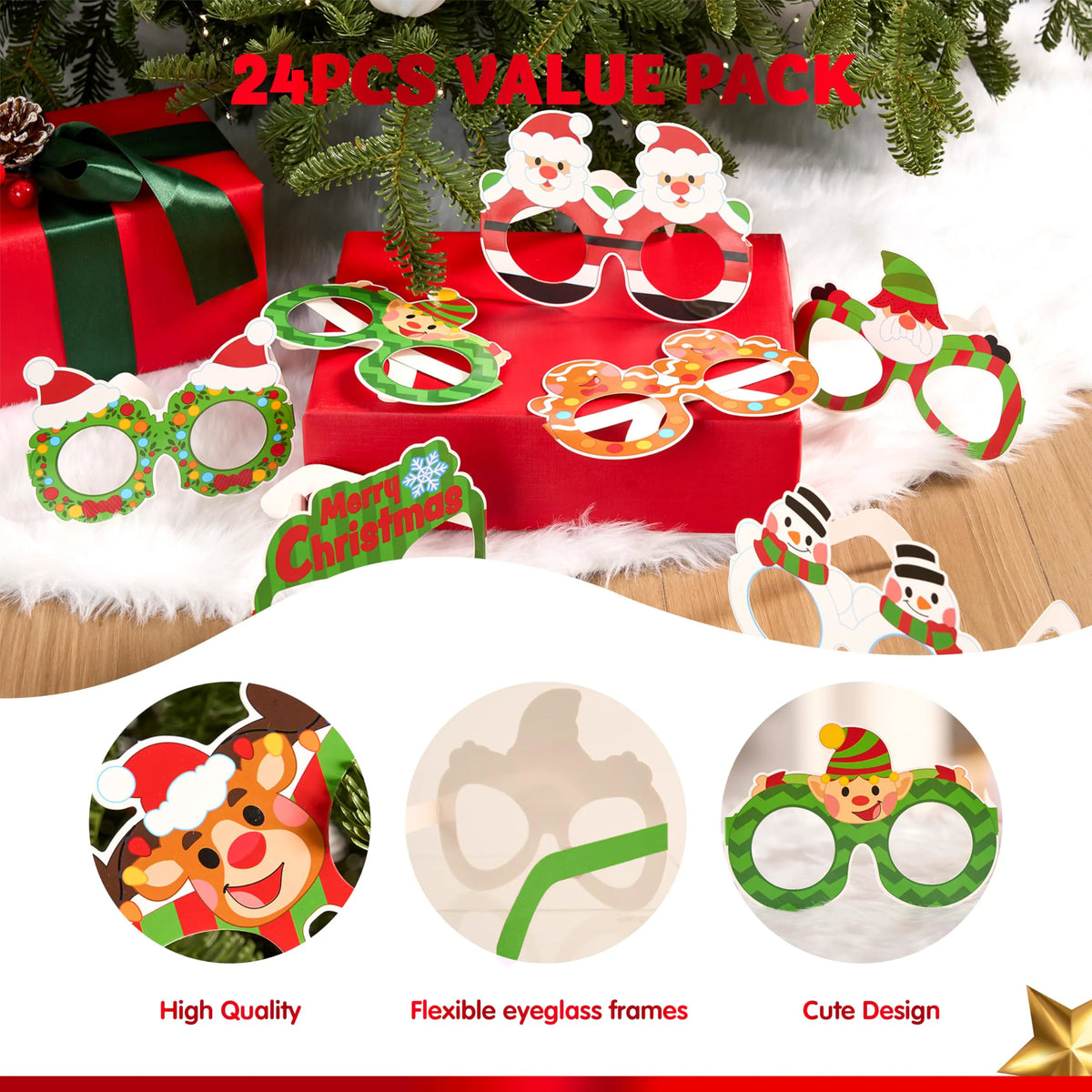 24 Pcs Christmas Paper Glasses