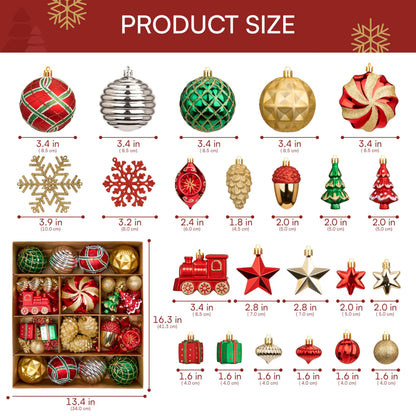 82-Piece Assorted Christmas Ornament Ball Set, 3.15-Inch Red Gold Green Deluxe
