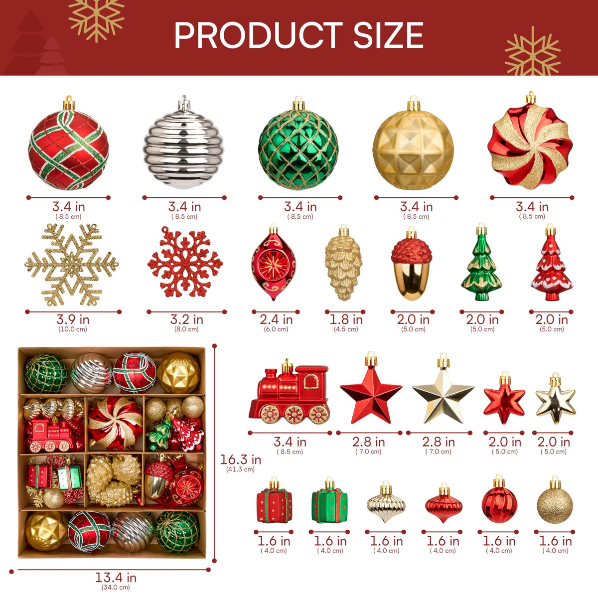82-Piece Assorted Christmas Ornament Ball Set, 3.15-Inch Red Gold Green Deluxe