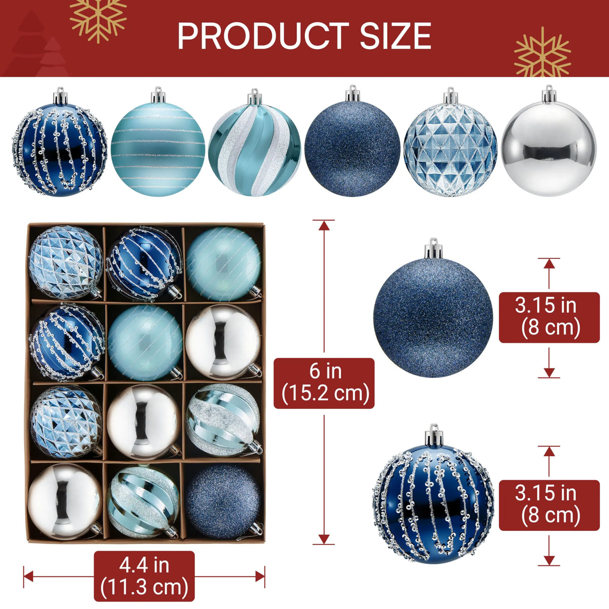 12-Piece 3.15-Inch Blue and Silver Christmas Ball Ornaments Set