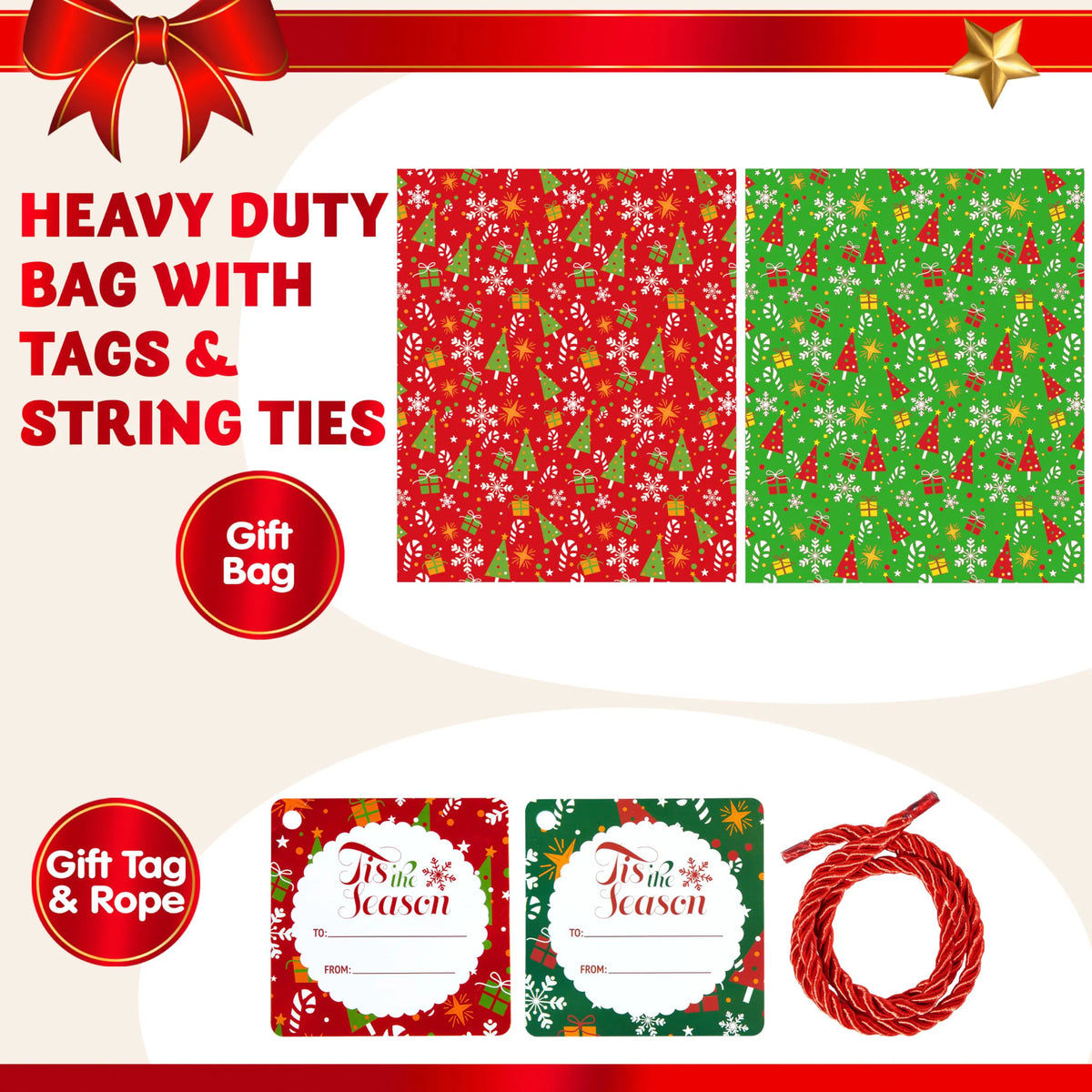 2 Large Red & Green Christmas Holiday Plastic Gift Bags