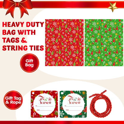 2 Large Red & Green Christmas Holiday Plastic Gift Bags