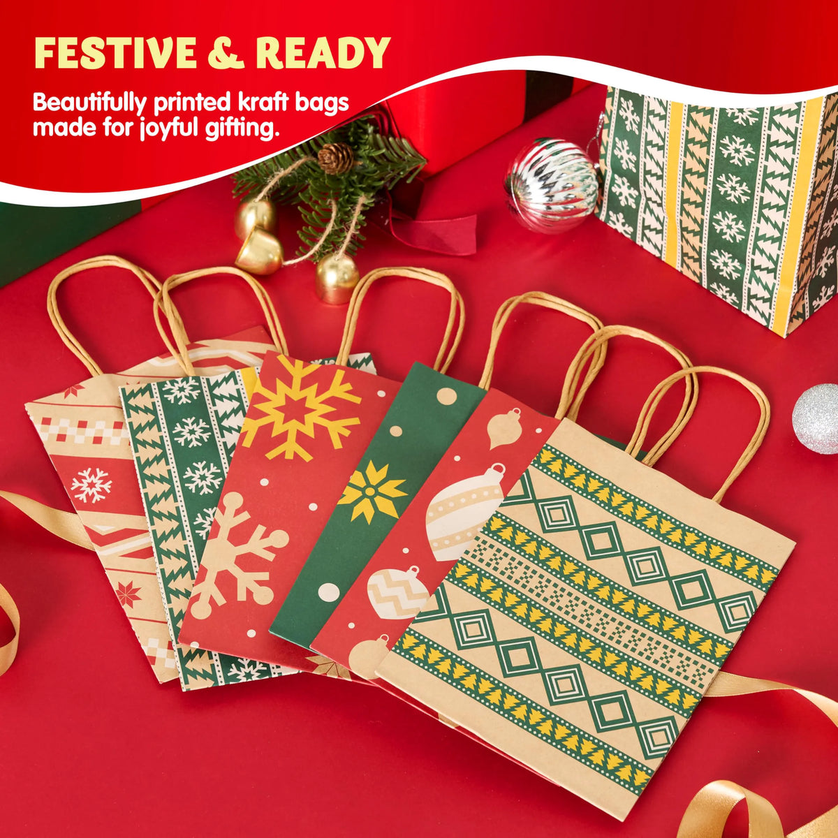 24-Pack Christmas Kraft Paper Gift Bags for Holiday Treats