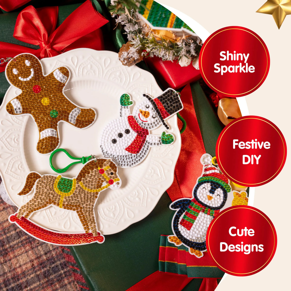 12 Pcs Christmas Diamond Art Ornaments Kit, 5D DIY Craft with Keychains for Kids