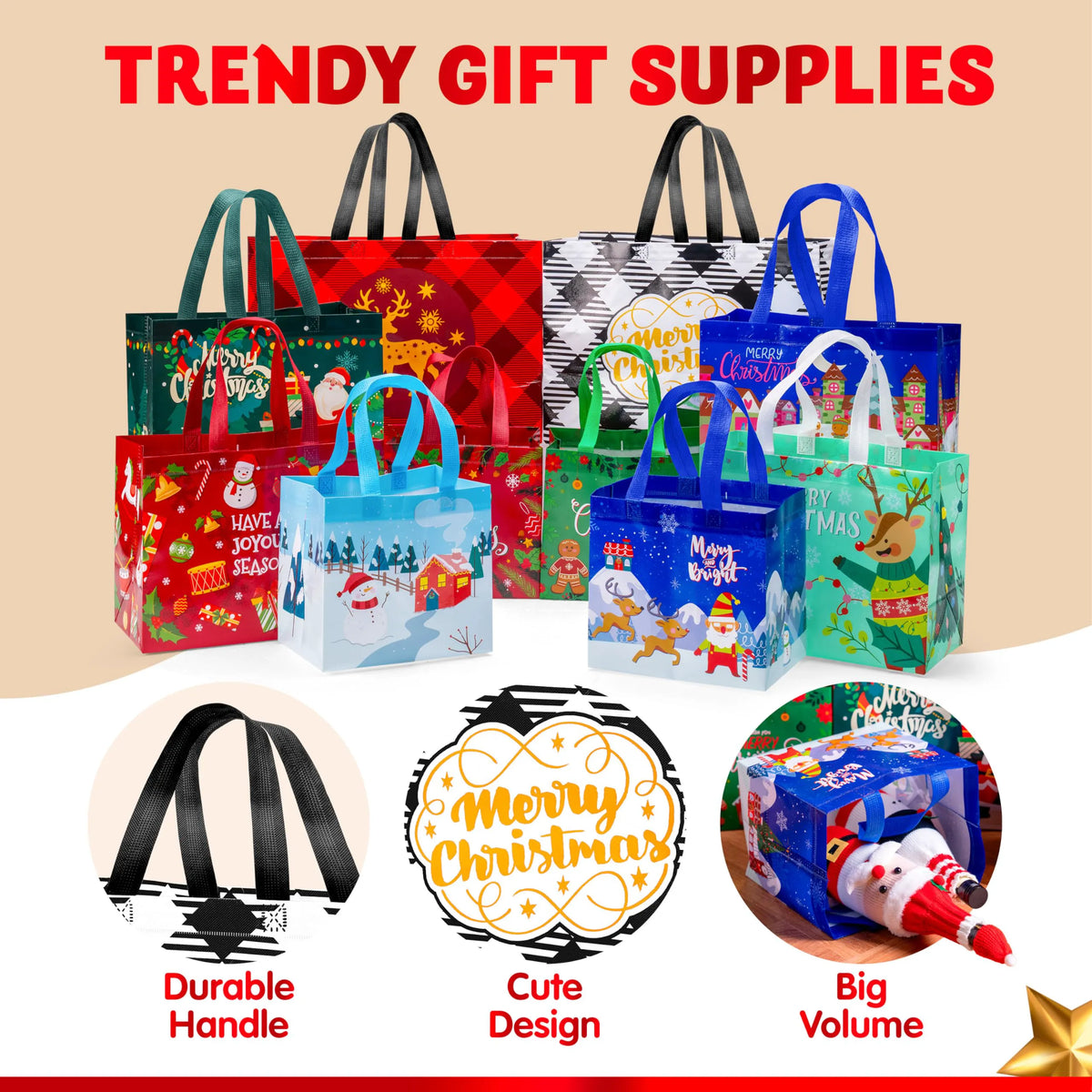 20 Pack Christmas Reusable Gift Bags, Assorted Sizes with Handles