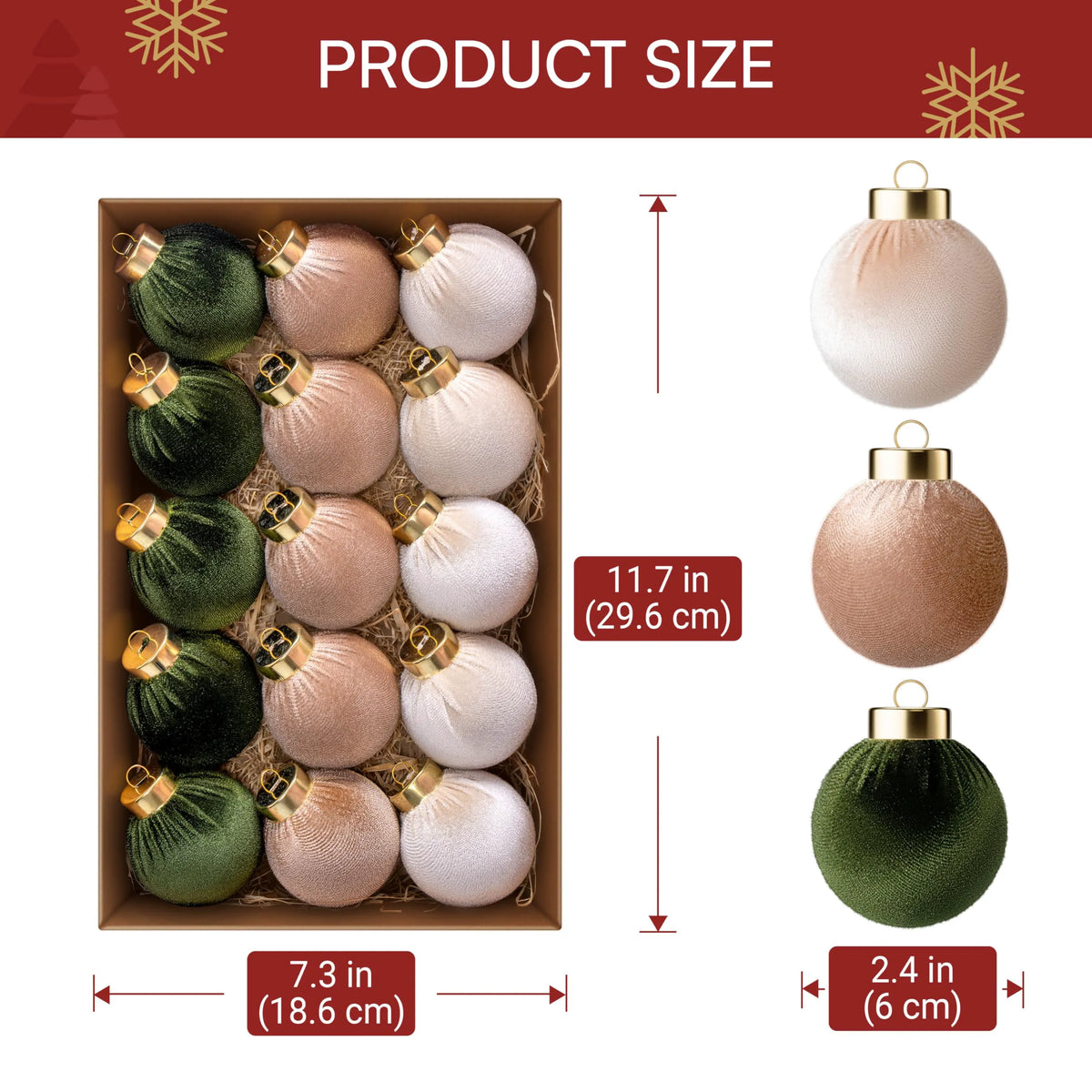 15-Piece Christmas Velvet Ball Ornament Set, 2.36-Inch Green Brown Neutral