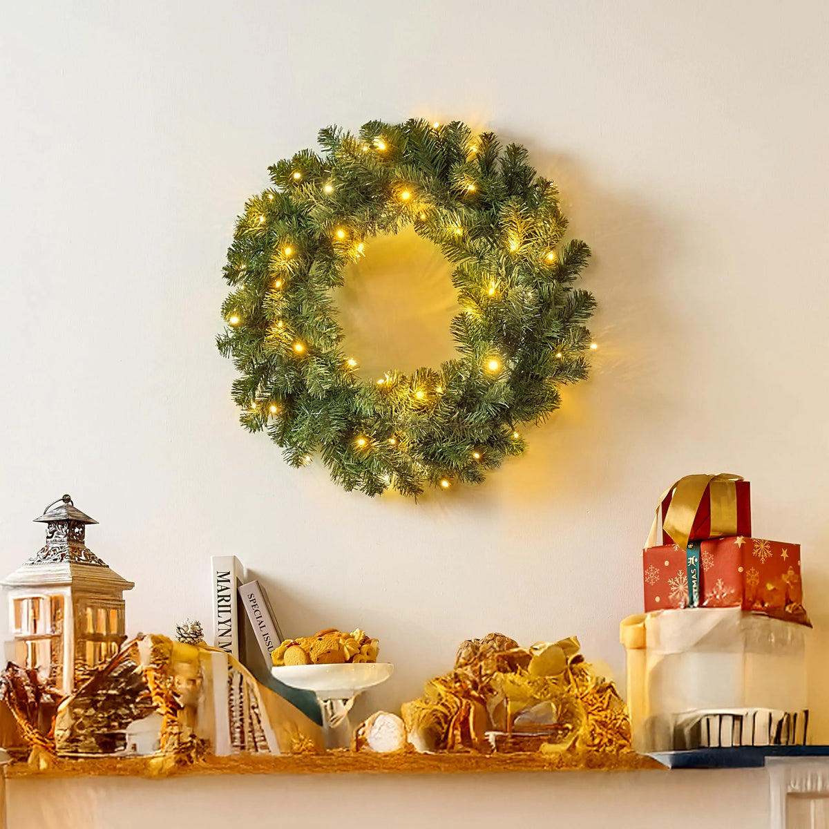 24-Inch Pre-Lit Christmas Wreath with Warm Lights