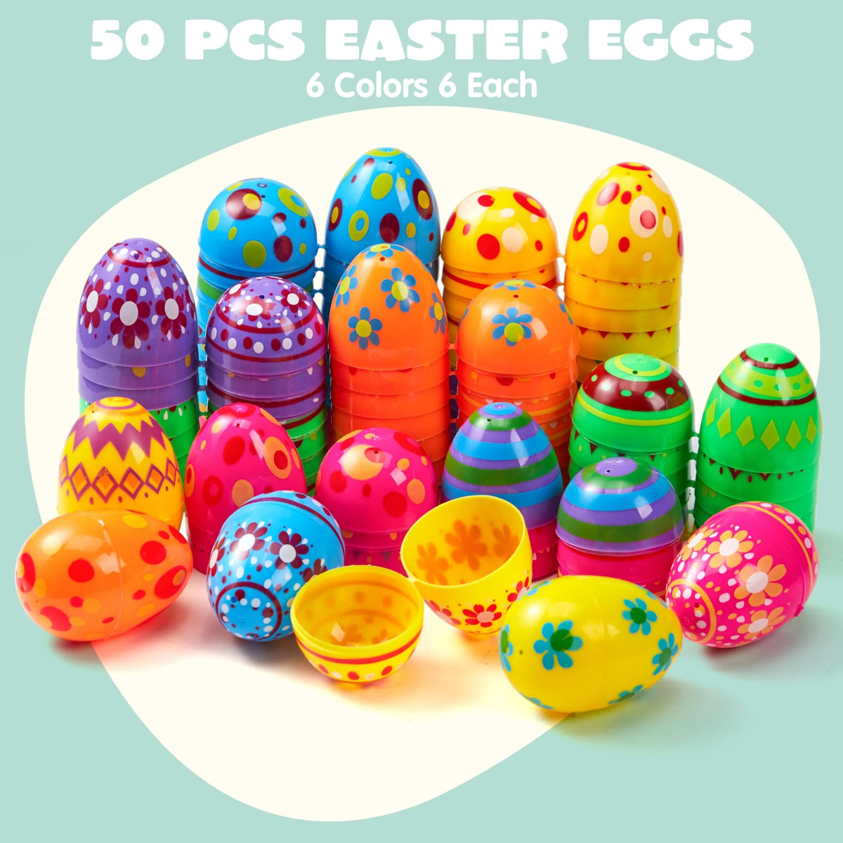 50 Pack 3.15 Inch Fillable Plastic Easter Eggs, Assorted Colors Empty Eggs Bulk for Easter Egg Hunt