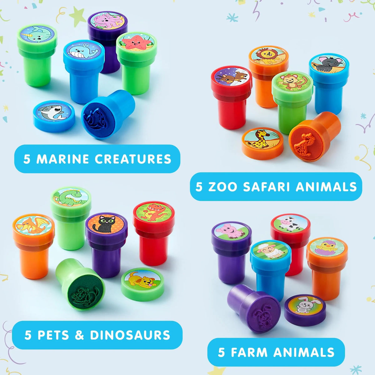 50-Piece Assorted Self-Ink Stamps for Kids with 50 Unique Designs